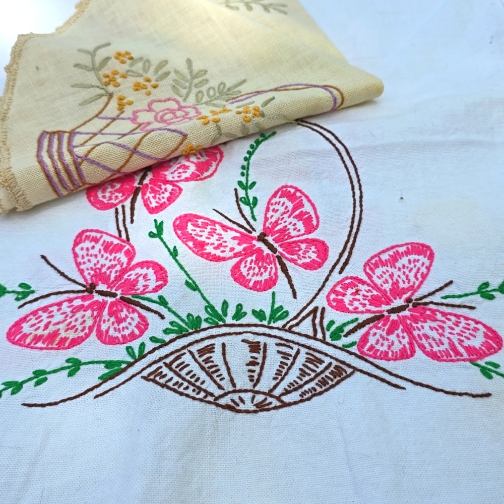 Vintage Embroidered table linens pink butterfly + basket flower lot 2 -